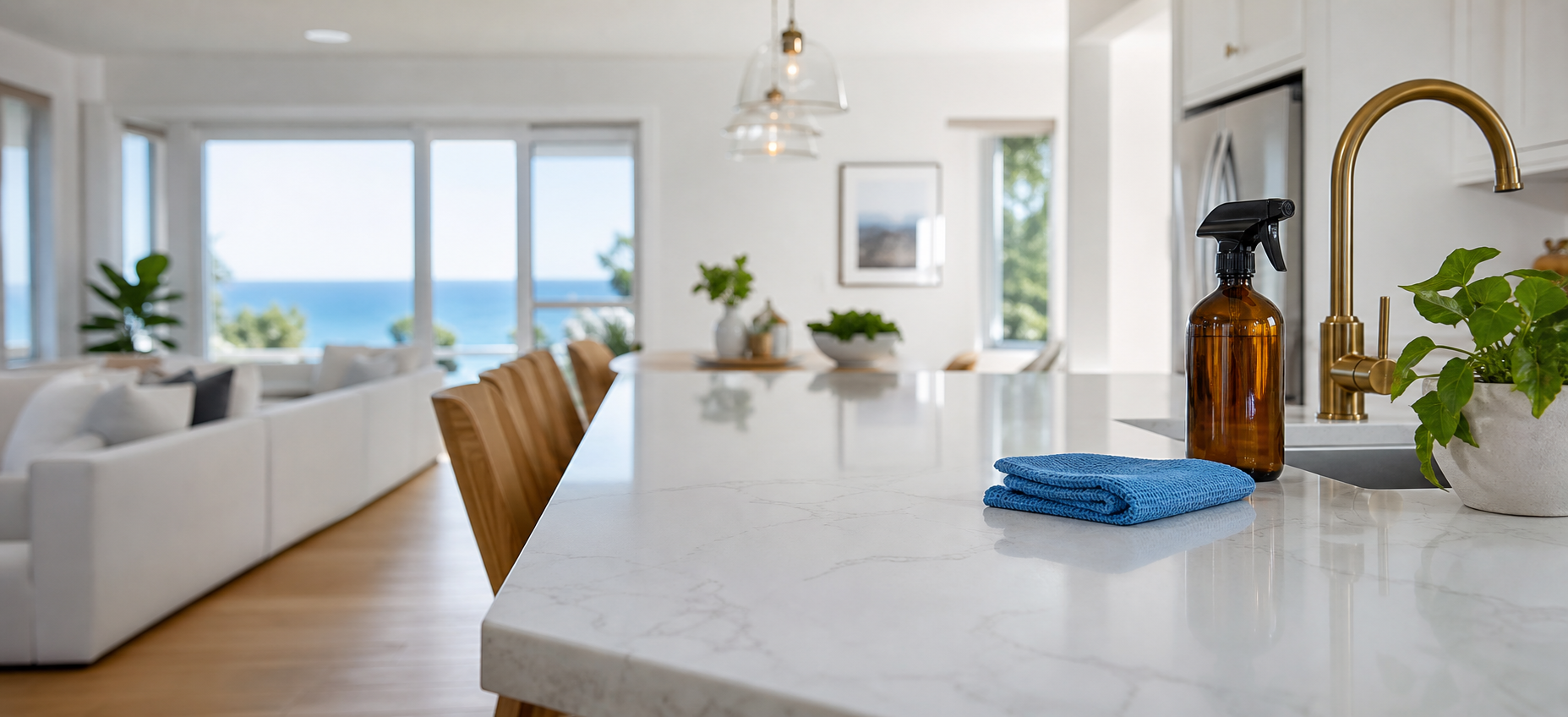 A bright clean kitchen with Cobalt blue cloth and cleaning spray